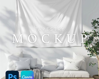 Horizontal Tapestry Mockup, 80''x68'' Wall Decor, Editable Tapestry Mock-up Template, Smart Object PSD and Canva PNG Drag and Drop Mock