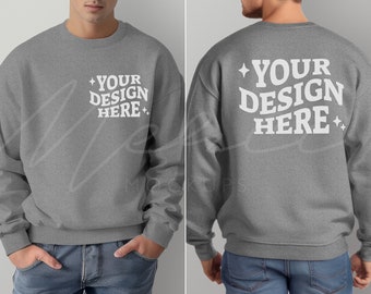 Male Model Front and Back Sport Gray Sweatshirt Mockup, Gildan 18000 Sport Gray Crewneck, POD mockup, Unisex Sweatshirt, Men's Shirts Mocks