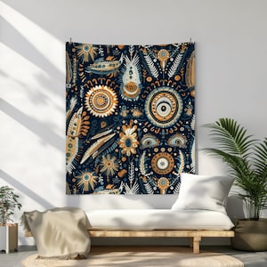 May include: A tapestry with a dark blue background featuring a repeating pattern of stylized flowers, leaves, and eyes in shades of gold, blue, and white.