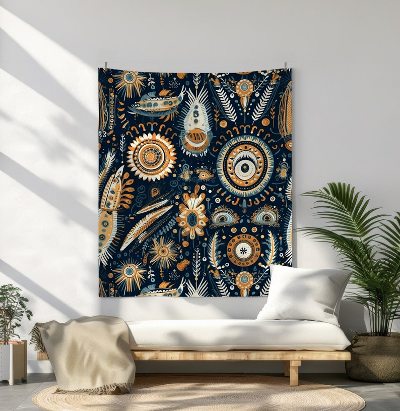 May include: A tapestry with a dark blue background featuring a repeating pattern of stylized flowers, leaves, and eyes in shades of gold, blue, and white.