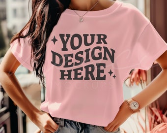 Soft Pink Tshirt Mockup, Bella Canvas 3001 Soft Pink T-shirt Mock-up, Boho Model Mockup, Light Pink, Soft Style Cozy Mocks, Lifestyle POD