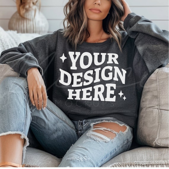 Dark Heather Gray Oversized Sweatshirt Mockup, Gildan 18000, Model Mock-up, Blank Sweatshirt, G180 Unisex, Crew Neck Boho Lifestyle Model