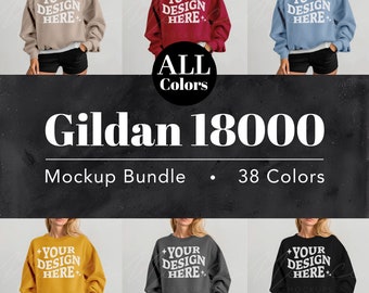 Gildan 18000 All Colors Mockup Bundle, Lifestyle Model Crew Neck Sweatshirt Mock-up, Collection of Female Sweat Shirts Mockups, POD mocks