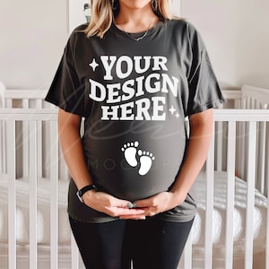 Szary T-shirt makieta, Makieta tkaniny ciążowej, Makieta ciążowa, Bella Canvas Solid Asphalt Blank Tee makieta, Nowa mama, Dzień Matki