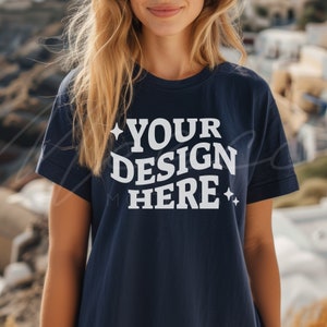 Team Navy T-Shirt Mock-up, Bella Canvas 3001 Team Navy T-shirt Mocks, Casual Wear Navy Blue T-Shirt Mockup Template, Lifestyle Model Mock
