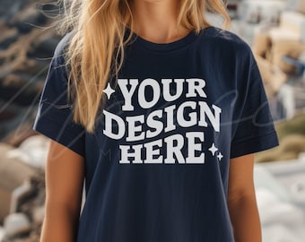 Team Navy T-Shirt Mock-up, Bella Canvas 3001 Team Navy T-shirt Mocks, Casual Wear Navy Blue T-Shirt Mockup Template, Lifestyle Model Mock