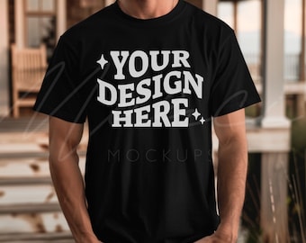 Male Model Black T-shirt Mockup, Bella Canvas 3001, Crewneck Mockup, Lifestyle Men's Black Shirt mock up, POD mockup, Unisex Black Tee
