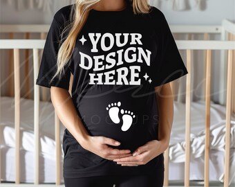 Black T-shirt Mock up, Maternity Cloth Mockup, Pregnancy mockup, Gildan 5000 Black Blank Tee Mock-up, New Mom, Mother's Day