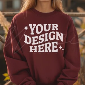 Garnet Color Sweatshirt Mockup, Gildan 18000 Garnet, Garnet Crew neck Mockup, Boho Model Lifestyle Garnet Sweat Shirt Mock-up
