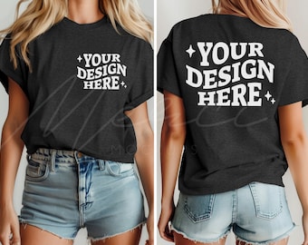 Dark Gray Heather T-Shirt Mockup, Front and Back, Bella Canvas 3001 Dark Heather Gray, Dual View Dark Gray Heather Mockup, Split Mockups
