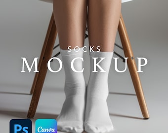 All-Over Print Socks Mockup, PSD Smart Object, Canva Drag and Drop Template, White Crew Sock Design Mock-Up, POD Sublimation, Black Toe
