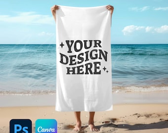 Plantilla de maqueta de toalla de playa 30x60, superposición de Canva y PSD PNG de arrastrar y soltar, maqueta de toalla de baño de algodón horizontal, sublimación de tinte