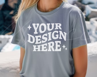 Light Blue T-Shirt Mock-up, Bella Canvas 3001 Light Blue T-shirt Mocks, Casual Wear Light Blue T-Shirt Mockup Template, Lifestyle Model Mock
