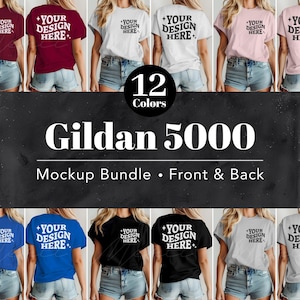 May include: A mockup bundle of Gildan 5000 t-shirts in 12 colours, front and back views. Each shirt displays the text "YOUR DESIGN HERE". The shirts are modelled on a person wearing denim shorts.