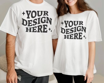 White T-Shirt Couple Mockup, Family Men and Women Model Mocks, Bella Canvas 3001, Oversized White Blank Tee Mockup, Multiple Shirts Mockup