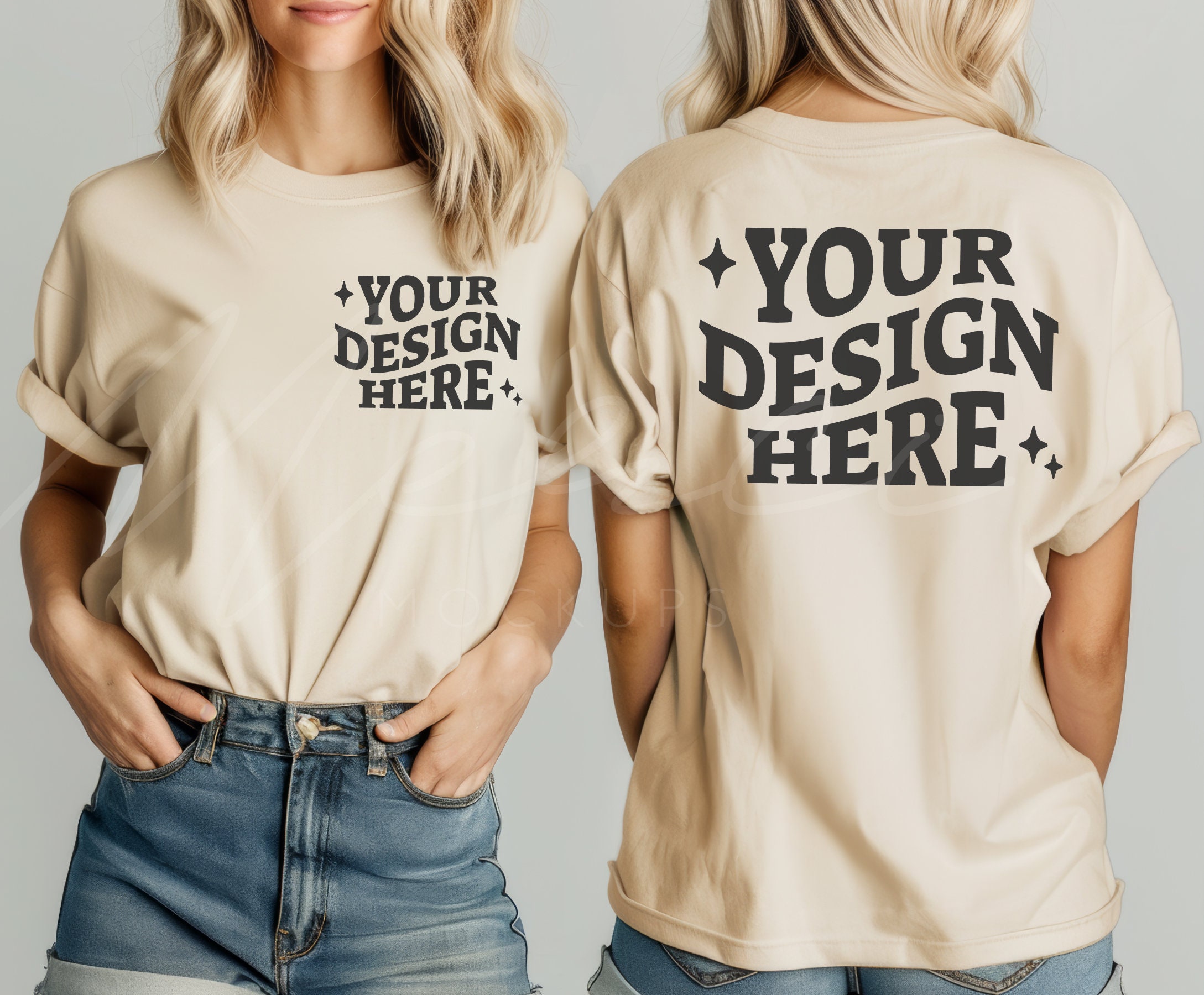 Beige T-Shirt Mockup, Front and Back, Bella Canvas 3001 Natural, Dual View Natural Tee Mockup, Comfort Fit, Front Back View Split Mock-up