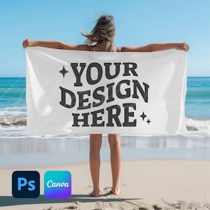 Plantilla de maqueta de toalla de playa de 30 x 60 pulg., Superposición de Canva PNG de arrastrar y soltar, Objeto inteligente PSD, Maqueta de toalla de baño plana vertical, Sublimación de tinta