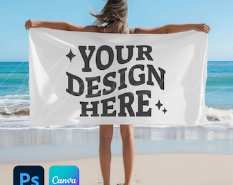 Plantilla de maqueta de toalla de playa de 30 x 60 pulg., Superposición de Canva PNG de arrastrar y soltar, Objeto inteligente PSD, Maqueta de toalla de baño plana vertical, Sublimación de tinta