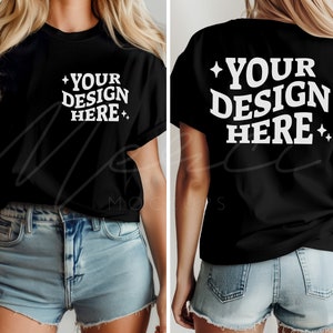 Schwarzes T-Shirt Mockup, Vorder- und Rückseite, Bella Canvas 3001 Black, Dual View Beige T-Shirt Mockup, Comfort Fit, Front Back Split Mockup