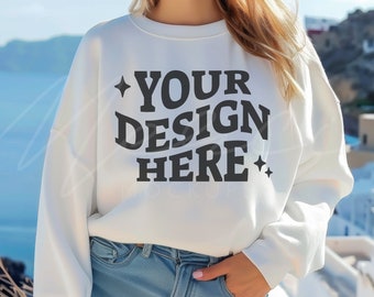White Sweatshirt Mockup, Gildan 18000 Model Mock-up, Oversized Blank White Sweatshirt, G180 Unisex, Crew Neck Beach Model Mocks