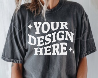 Washed Gray Mockup, Vintage Inspired Oversized Boxy T-shirt, Model Mockup, Washed Dark Grey, Stylish & Comfort, Lifestyle POD Mockup