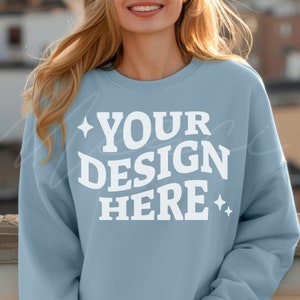 Light Blue Sweatshirt Mockup, Gildan 18000 Light Blue, Light Blue Crew neck Mockup, Boho Model Lifestyle Light Blue Sweat Shirt Mock-up