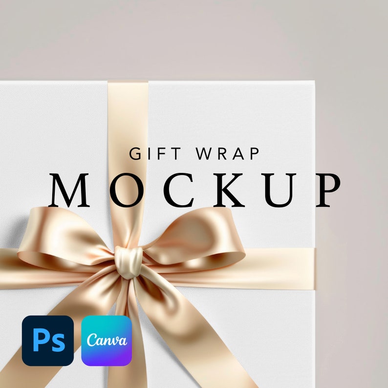 Pode incluir: Caixa de presente branca com uma fita de cetim dourada e um la&ccedil;o. A caixa tem o texto "GIFT WRAP MOCKUP" impresso na frente. A imagem inclui os logotipos do Photoshop e Canva.