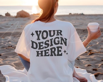 White T-shirt Back Mock-up, Bella Canvas White Blank Unisex Tee Mock-up, Soft Women's Crew Neck T-Shirt, Lifestyle Boho Model Beach Mockup