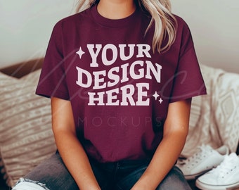 Maroon Color T-Shirt Mockup, Gildan 5000 Tee Mock-up, G500 Maroon Color, Lifestyle Model Shirt Mockup, Oversized Fit Boho Model Mocks