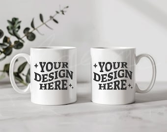 Two Mugs Mockup, Front and Back of Mug Mock-up, 11 oz White Coffee Mug, Professionally Styled Stock Photography, Blank Pod Ceramic Cup Mocks