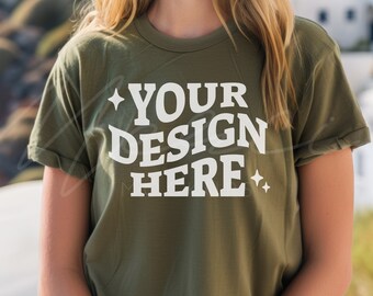Military Green T-Shirt Mock-up Template, Bella Canvas 3001 Military Green T-shirt Mocks, Casual Wear Military Green, Lifestyle Model Mock