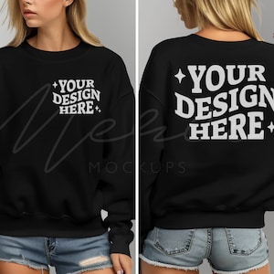 以下が含まれることがあります： 背面に「YOUR DESIGN HERE」と白で書かれた黒いスウェットシャツ