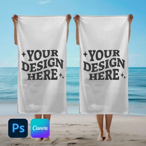 Two of 30x60 Beach Towel Mockup Template, Drag & Drop Canva and PSD PNG Overlay, Horizontal Cotton Bath Towel Mock-up, Dye sublimation