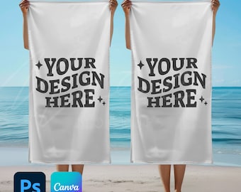 Dos de plantillas de maqueta de toalla de playa de 30x60, superposición de Canva y PSD PNG de arrastrar y soltar, maqueta de toalla de baño de algodón horizontal, sublimación de tinte