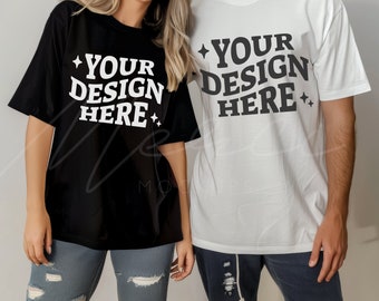 Couple T-Shirt Mockup, Black and White Couple Model Mocks, Gildan 5000, Oversized Heavy Cotton White Tee Mockup, Multiple Shirts Mockup