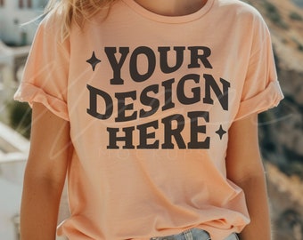 Peach Color T-Shirt Mockup, Bella Canvas 3001 Peach Tee Mock-up, Peach Color, Lifestyle Model Shirt Mockup, Oversized Fit Outdoor Mocks
