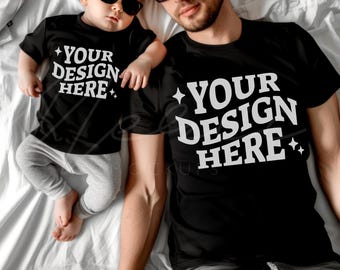 Daddy and me Mockup, Black Family Tshirt mockup, Father and Kids Family Mock-up, Black Bella Canvas 3001 T-shirt, Dad and baby onesie mocks
