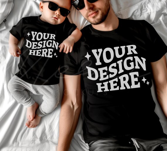 Daddy and me Mockup, Black Family Tshirt mockup, Father and Kids Family Mock-up, Black Bella Canvas 3001 T-shirt, Dad and baby onesie mocks