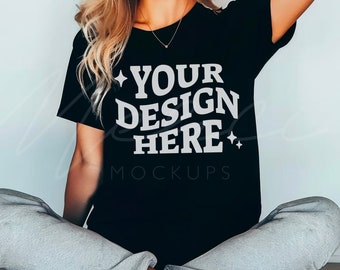 Black T-shirt Mock-up, Bella Canvas Black Blank Unisex Tee Mock-up, Soft Women's Crew Neck T-Shirt, Lifestyle Boho Model Comfort Fit Mockup