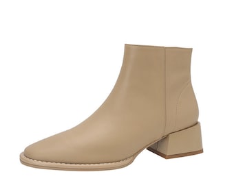 Botas simples de piel de vaca suave que combinan con todo / Otoño e invierno Nuevo / Tacón medio grueso / Punta redonda / Botines marrones para mujer / Shoe Me Royalty