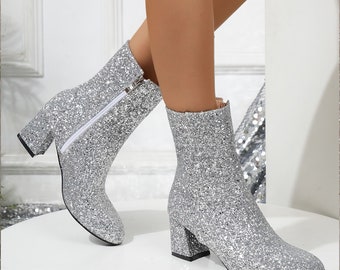 Square Heel Zipper Shoes | Side Zipper Shoes | Trendy Sequin Boots | Womens Fashion Boots | Party Shoes | Stylish Boots | Shoe Me Royalty