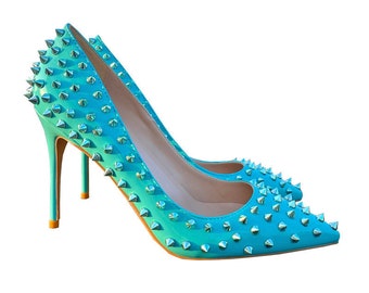 Rivet high heels | Tangerine shoes | Bold color heels | Fashionable pumps | Statement heels | Trendy rivet shoes | Shoe Me Royalty