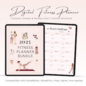 Op de afbeelding: Een digitale fitnessplannerbundel voor 2025. De planner bevat een 12-weekse uitdaging en een fitnessplanner met illustraties van vrouwen die sporten. De planner is compatibel met GoodNotes, Notability, iPad, tablet en laptop.