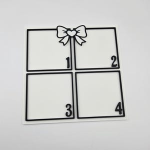 May include: A white square with four smaller squares outlined in black. A black bow with a heart in the center is at the top. Numbers 1, 2, 3, and 4 are in the lower right corner of each square.
