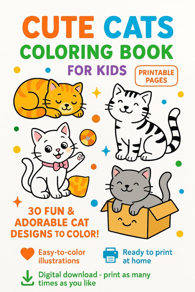 Cute Cats Coloring Pages for Kids – Printable PDF | 30 Fun Cat Designs ...