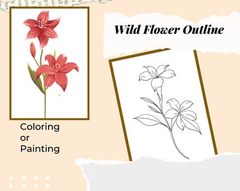 Wild Flower Outline Drawing PDF Digital Download for Coloring or Painting