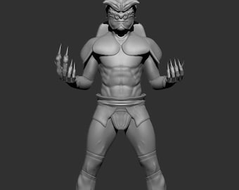 May include: A grayscale sculpture of a humanoid figure with a detailed, alien-like head and sharp claws. The figure is muscular, wearing armor-like shoulder pads and leg coverings. The pose is upright, with arms outstretched.