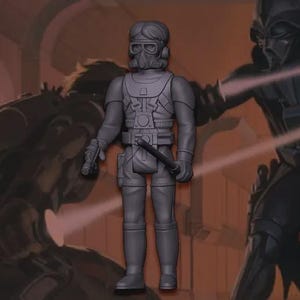 May include: A gray action figure of a character wearing a helmet with goggles and a respirator, a vest, and boots. The figure is holding a blaster pistol and a baton. The background features a blurred illustration of a battle scene with other characters.