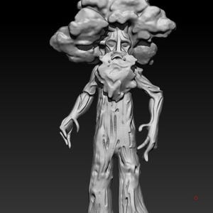 May include: A light gray 3D digital model of a humanoid tree figure. The figure features a textured trunk body, long branch-like arms, and a large, rounded, cloud-like canopy of foliage for a head, with a carved face and a beard visible.
