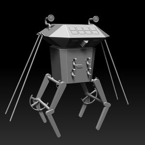 May include: A gray 3D model of a robot with six legs and a rectangular body. The robot has a series of small rectangular windows on the top of its body.
